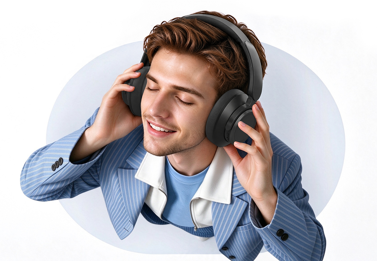 Business professional wearing headphones hero image